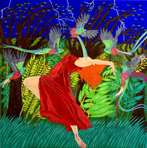 Danse avec les quetzals van Victoria Stagni, Schilderij te koop op Singulart