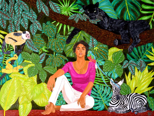 The young woman with a quetzal van Victoria Stagni, Schilderij te koop op Singulart