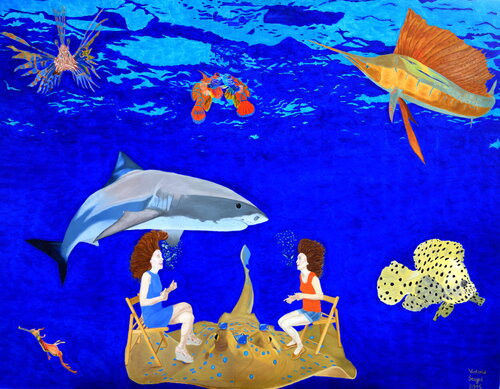 Fou rire sur la raie, autoportrait dans la mer von Victoria Stagni, Malerei kaufen auf Singulart