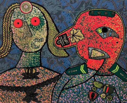 Il Generale Amin e una delle sue mogli  van Enrico Baj, Werk op papier te koop op Singulart