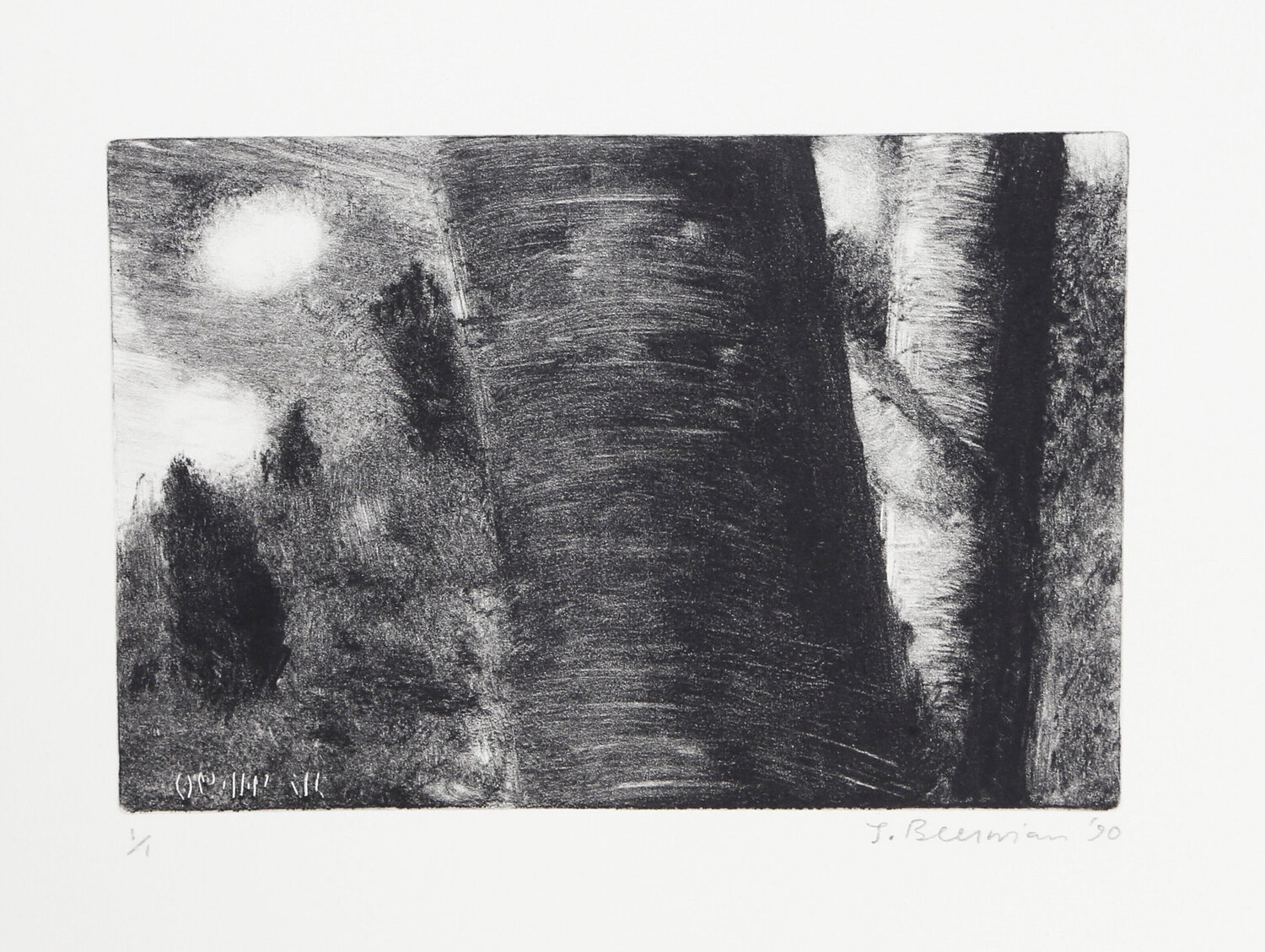 Tree Trunk and Hill John Beerman Druck zu verkaufen