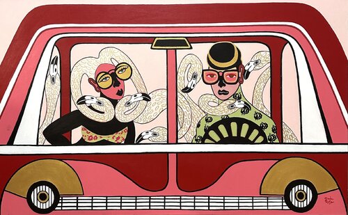Driving with flamingos von Diana Rosa, Malerei kaufen auf Singulart