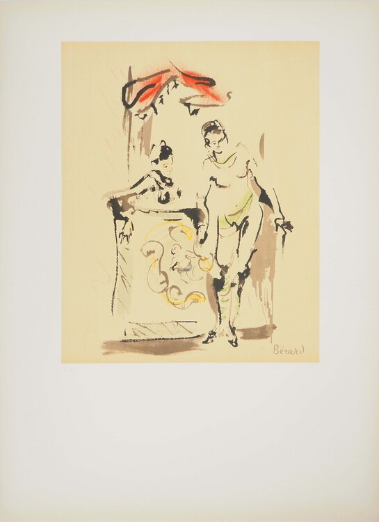 Théâtre, les comédiens, Lithographie originale signée Christian Berard