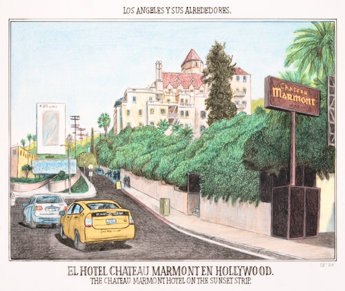 The Chateau Marmont Hotel on the Sunset Strip di Sandow Birk, Opera su carta in vendita su Singulart