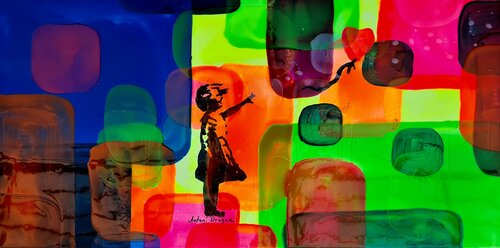 Banksy inspired girl with balloon with a touch of abstract di Antoni Dragan, Pittura in vendita su Singulart