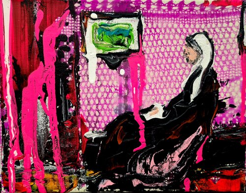 Modern Whistler's Mother with Neon Twist di Antoni Dragan, Pittura in vendita su Singulart