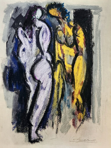 Two nudes in yellow and pink di Hans Burkhardt, Opera su carta in vendita su Singulart