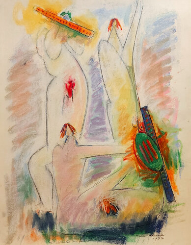 Three figures in pink, orange and green di Hans Burkhardt, Opera su carta in vendita su Singulart