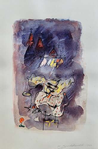 Distant cathedrals in purple di Hans Burkhardt, Opera su carta in vendita su Singulart