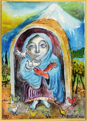 Mexican woman with birds von David Burliuk, Werk auf Papier kaufen auf Singulart