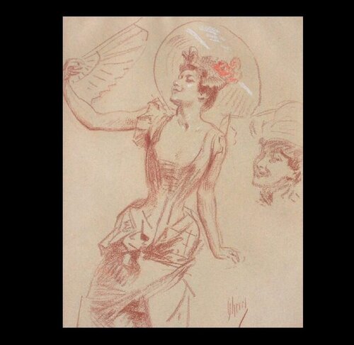Jeune femme à l'éventail, et étude de visage (Young Woman with Fan, and Study of a Face) di Jules Chéret, Opera su carta in vendita su Singulart