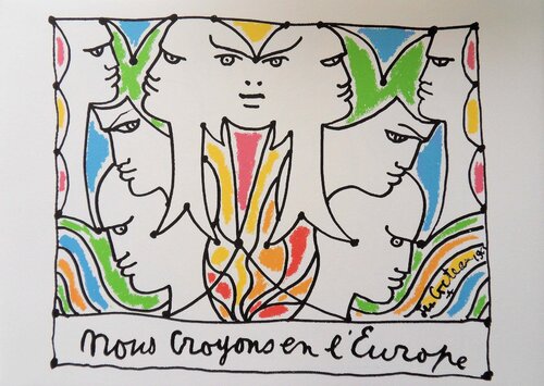 Europe - Colère entre états, Lithographie signée Jean Cocteau