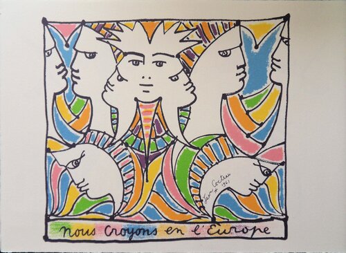 Europe - la méfiance, Lithographie signée Jean Cocteau