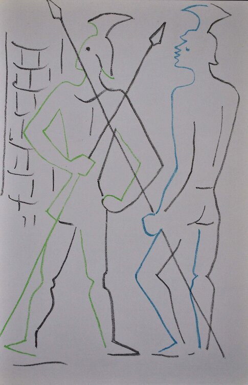 Les deux gardes, Lithographie originale Jean Cocteau