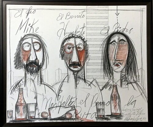 El feo, El bonito, y El pintor di Vladimir Cora, Pittura in vendita su Singulart