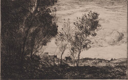 Dans les Dunes, Souvenir du Bois de la Haye, Gravure originale signée by Jean-Baptiste-Camille Corot, 版画 for Sale on Singulart
