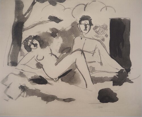 Hommage à Manet, Déjeuner sur l'herbe, Lithographie signée von Roger de la Fresnaye, Druck kaufen auf Singulart