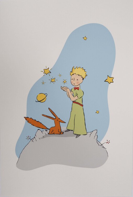 Le Petit Prince et le renard sous les étoiles, Lithographie Antoine de Saint-Exupéry