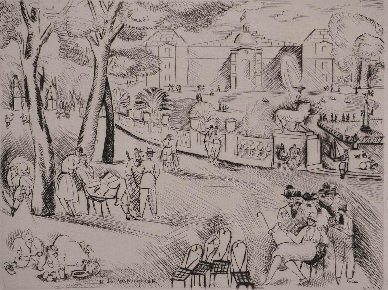 Jardin du Luxembourg, Gravure originale signée Henry de Waroquier Druck zu verkaufen