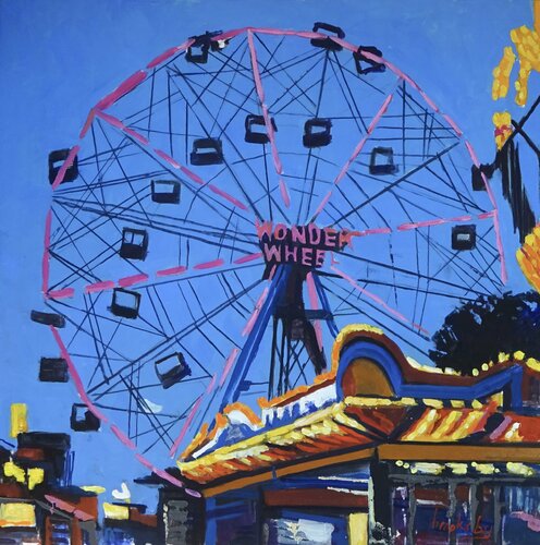 Wonder Wheel - NYC cityscape di Angie Brooksby-Arcangioli, Pittura in vendita su Singulart