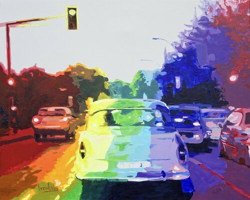 abstract rainbow car: French Riviera Joy Ride von Angie Brooksby-Arcangioli, Malerei kaufen auf Singulart