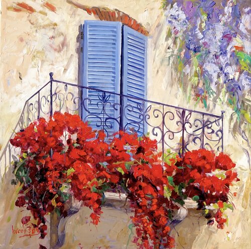 Flowery Balcony di Angie Brooksby-Arcangioli, Pittura in vendita su Singulart