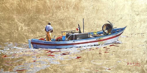 Mediterranean Fishing Boat on Gold: Riviera Fishing by Angie Brooksby-Arcangioli, 油畫 for Sale on Singulart