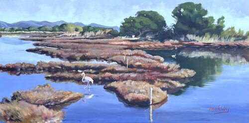 French Riviera Pink Flamingo by Angie Brooksby-Arcangioli, Painting for Sale on Singulart
