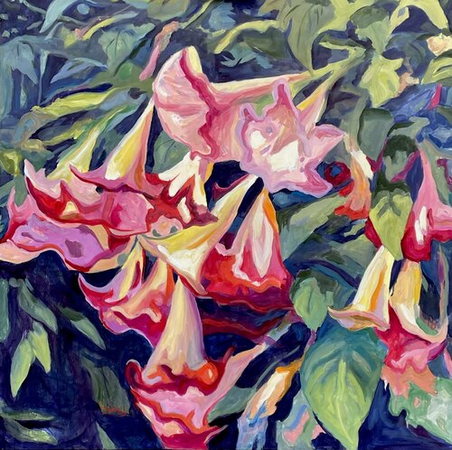 Angel Trumpets a semi Abstract botanical painting Angie Brooksby-Arcangioli
