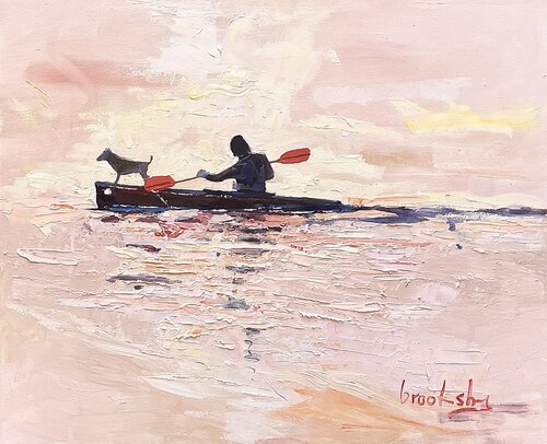 Man and dog on kayak : Mediterranean Sunrise by Angie Brooksby-Arcangioli, 油畫 for Sale on Singulart