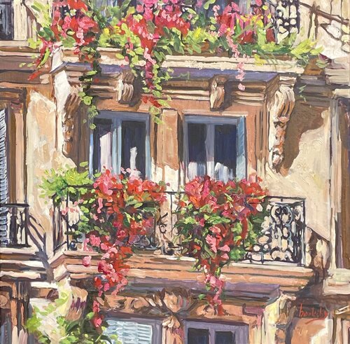 Flowery Balcony - Les Balcons de l'Amour par Angie Brooksby-Arcangioli, Peinture en vente sur Singulart