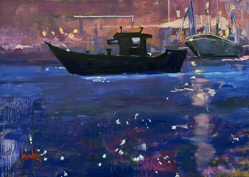 Nightscape Boat : Blue Harbor by Angie Brooksby-Arcangioli, Painting for Sale on Singulart