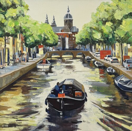 Amsterdam oil painting : Green Reflections van Angie Brooksby-Arcangioli, Schilderij te koop op Singulart