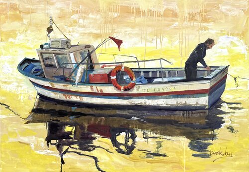 Magic Dawn -  an old fishing boat von Angie Brooksby-Arcangioli, Malerei kaufen auf Singulart