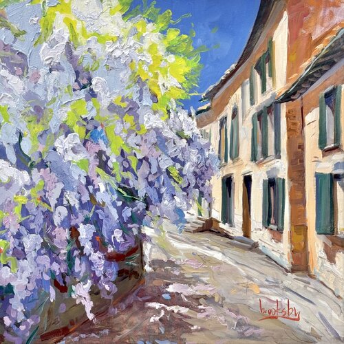 French Riviera Wisteria - ruelle Glicine van Angie Brooksby-Arcangioli, Schilderij te koop op Singulart