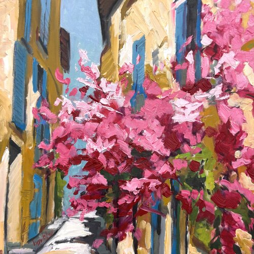 Pink Alley  : Mediterranean Bougainvillea by Angie Brooksby-Arcangioli, 油畫 for Sale on Singulart