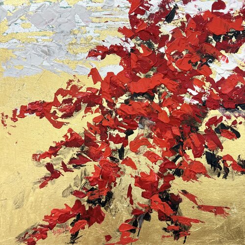 French Riviera Roses on Gold -Abstract rose blossoms van Angie Brooksby-Arcangioli, Schilderij te koop op Singulart