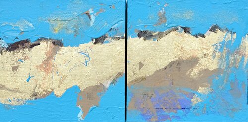 Golden Islands Blue Night  Diptych - Gold leaf acrylic abstraction von Angie Brooksby-Arcangioli, Malerei kaufen auf Singulart