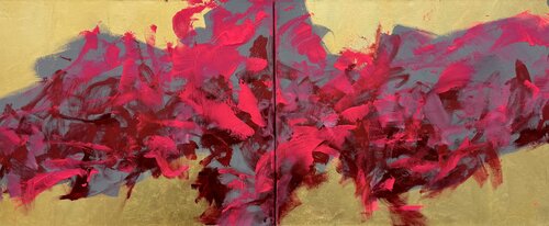 Pink Dream Diptych - colorful gold leaf abstract painting di Angie Brooksby-Arcangioli, Pittura in vendita su Singulart