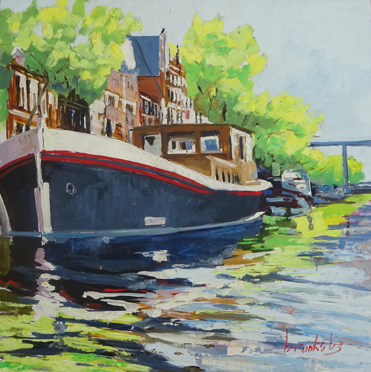 Amsterdam canal : Helios Boat Angie Brooksby-Arcangioli Originalgemälde zu verkaufen