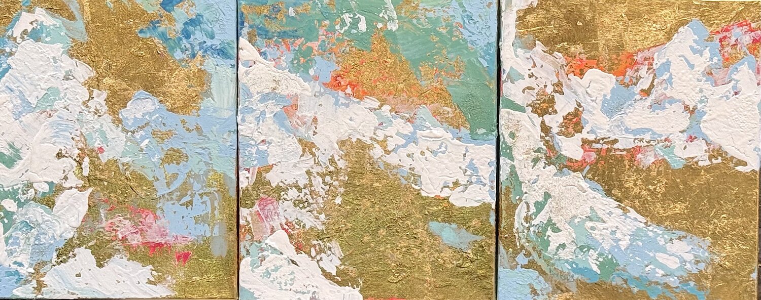 Mohan Triptych - Gold leaf acrylic abstraction Angie Brooksby-Arcangioli