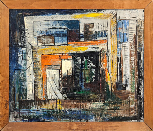 Early Modern Orange, Blue, and Yellow Toned Abstract City Landscape Painting by Richard Dempsey, Painting for Sale on Singulart