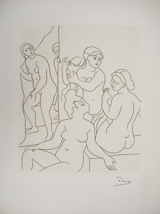 Au vestiaire, Femmes qui discutent, Gravure originale signée André Derain