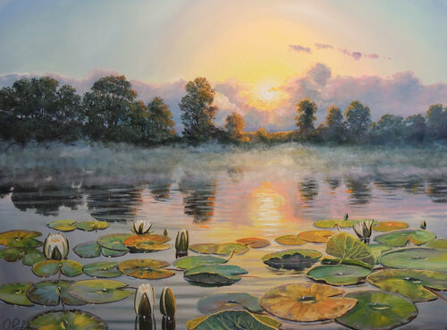 Water Lilies in the Fog van Oleg Riabchuk, Schilderij te koop op Singulart
