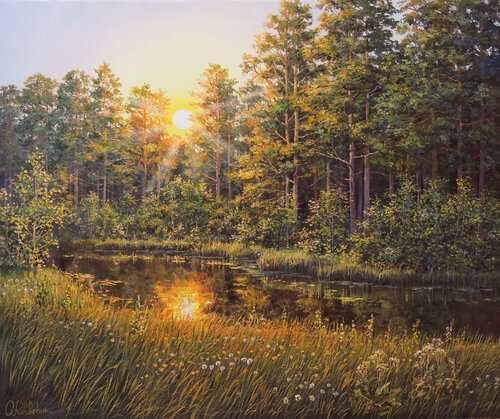 Sunset in the Forest van Oleg Riabchuk, Schilderij te koop op Singulart
