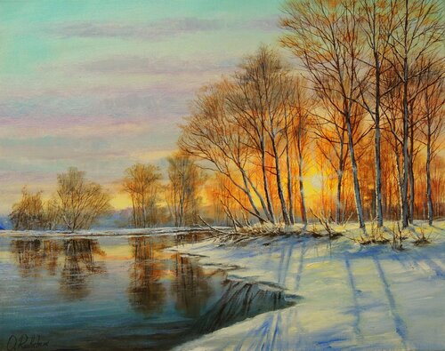 Winter's Last Breath. Sunset di Oleg Riabchuk, Pittura in vendita su Singulart