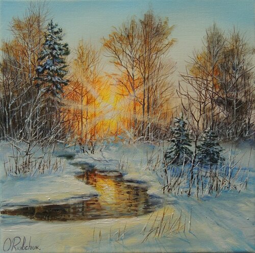 A warm moment in winter di Oleg Riabchuk, Pittura in vendita su Singulart
