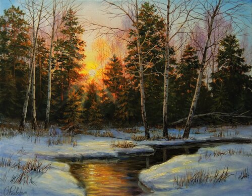 Winter Calmness. Sunset von Oleg Riabchuk, Malerei kaufen auf Singulart