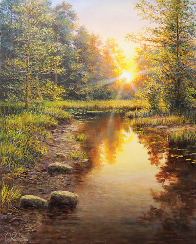 Down the water path. Sunset by Oleg Riabchuk, Painting for Sale on Singulart