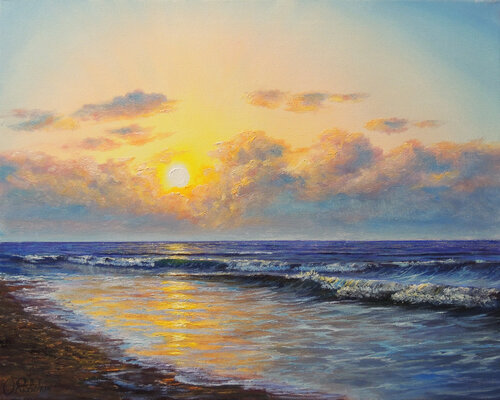 Blue Evening  by the Ocean di Oleg Riabchuk, Pittura in vendita su Singulart
